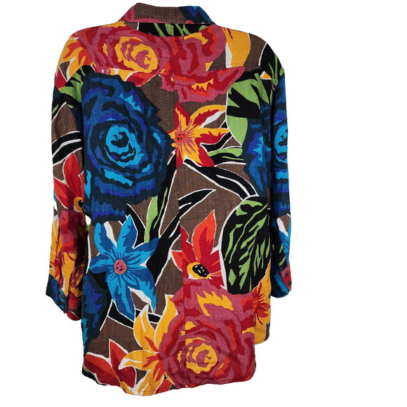 Chicos Top Size 0 Small Multicolor Floral 100% Linen Button Pockets 3/4 Sleeve - Picture 2 of 9